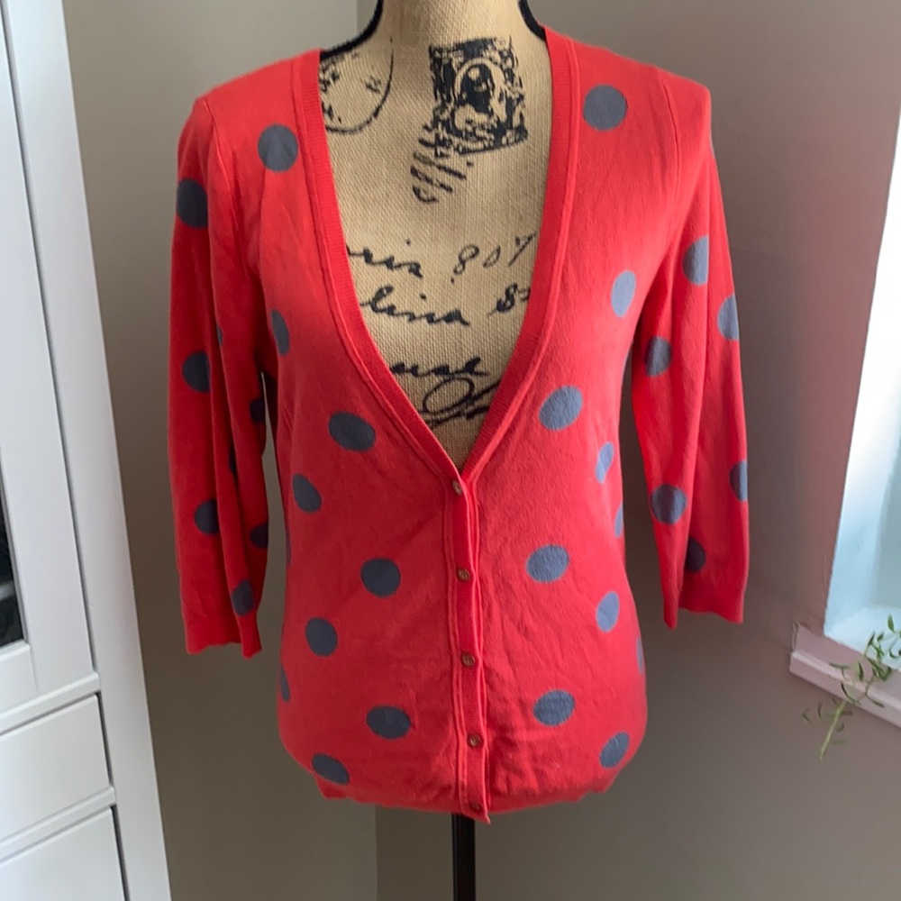 Banana Republic Coral Cardigan with Gray Polka Dots